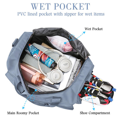 Gym Bag, Travel Bag Sport Duffel Bag with Wet Pocket, Gym Duffle Bag Foldable Men Women Travel Fitness Holdall Barrel Sports Overnight Weekender Bags for Gym Travel Swimming