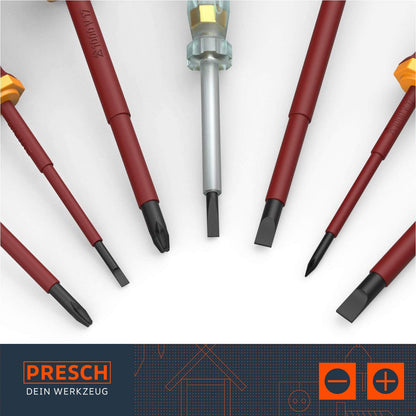 Presch Insulated Screwdriver Sets 7pcs. - VDE Screwdriver Set 1000V with Voltage Tester and Wall Bracket for Electricians