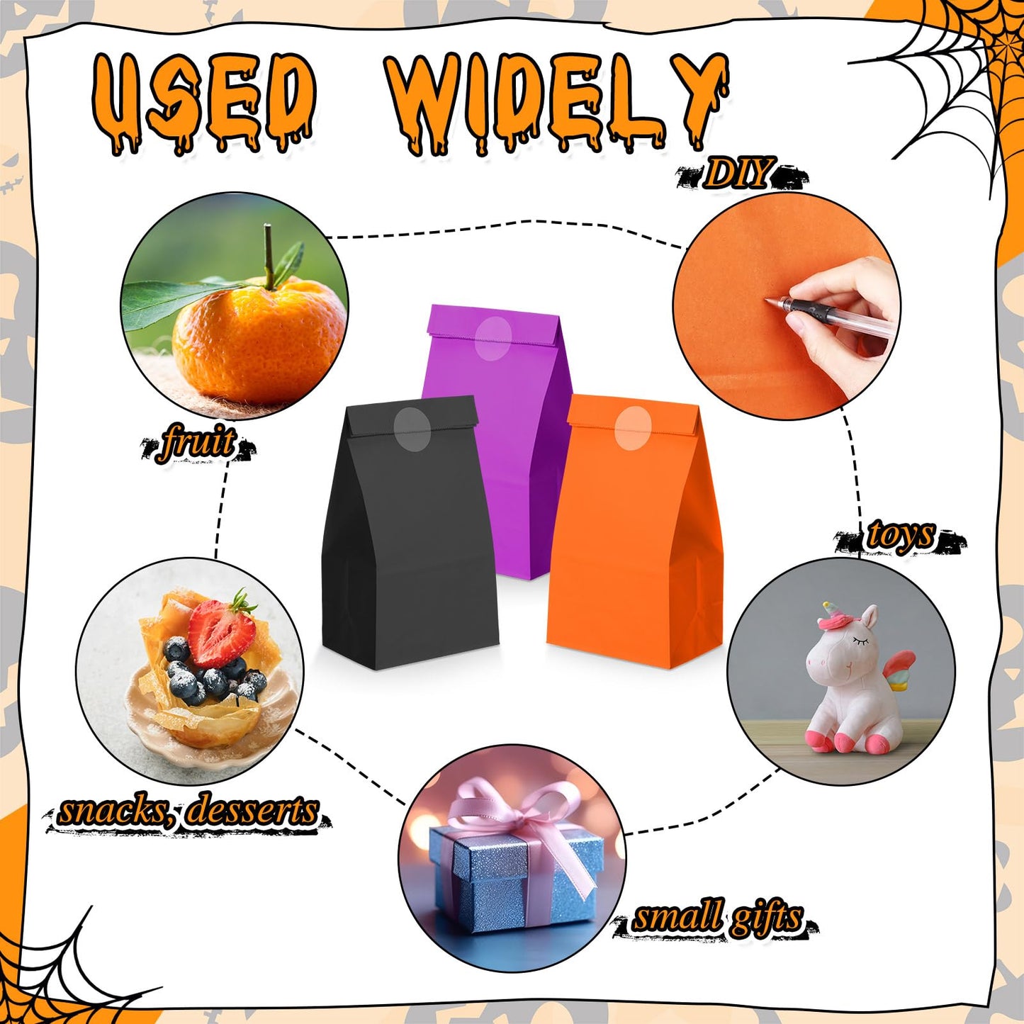 Skyygemm 36 Pcs Halloween Party Favor Paper Bags Candy Paper Gift Bags with Stickers 5.1 x 3.2 x 9.5'' for Festival Holiday Baby Shower Birthday Wedding Party Anniversaries