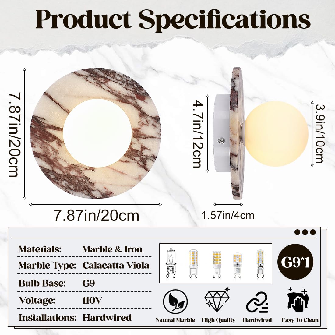 Calacatta Viola Marble Wall Sconce-Unique 7.8”Alabaster Sconce for Bedroom,Bathroom Vanity,Hallway & Yoga Room,Modern Hardwired Marble Style Stone Glass Wall Lamp for Meditation,Reading & Spa Decor