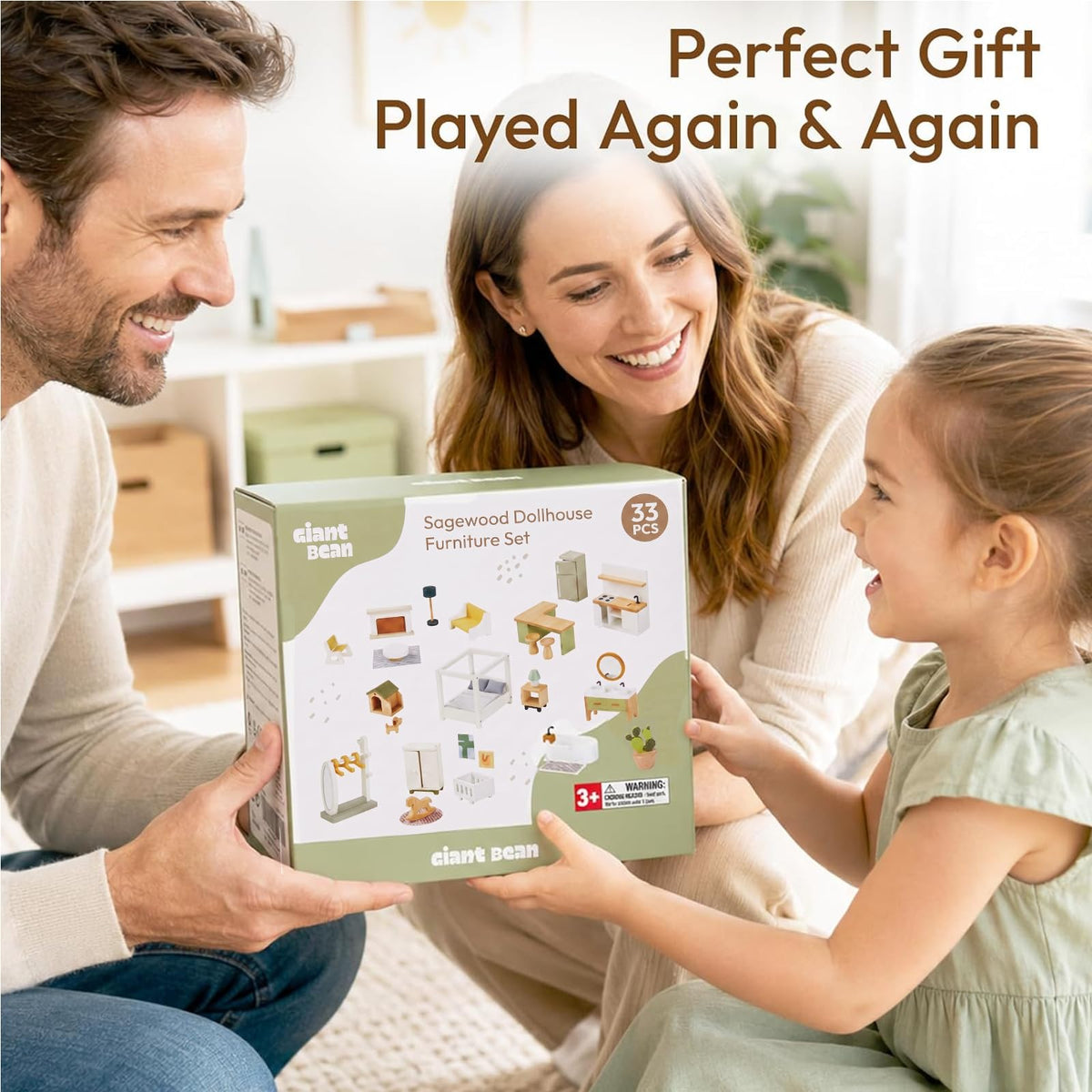 Giant bean 33 PCS Wooden Dollhouse Furniture Set, Modern Doll House Accessories with Bedroom, Kitchen, Bathroom, Nursery & Living Room, Montessori Pretend Play Toys for Kids Girls Boys Age 3+
