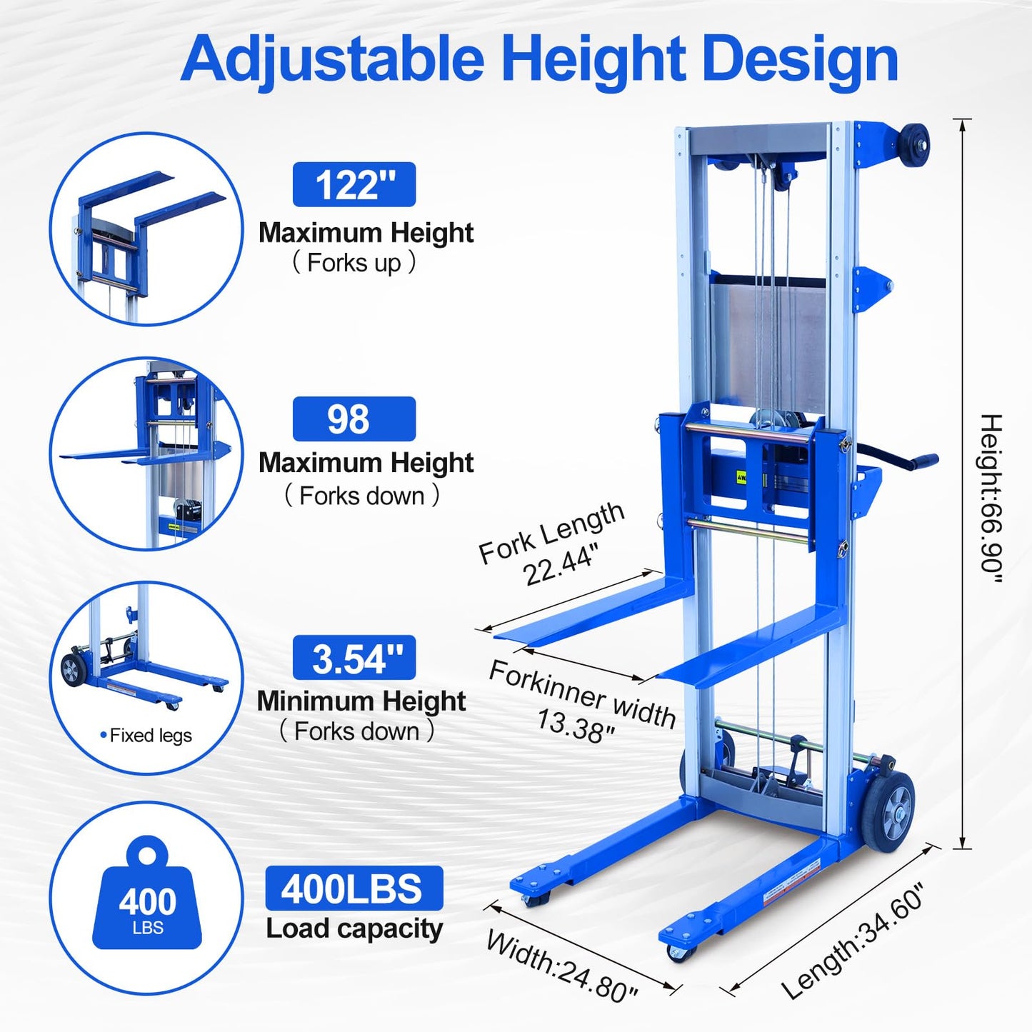 EPOFIT Material Lift Winch Stacker, 400 lbs Capacity, 122" Max Raised Height, Fixed Straddle Hand Winch Lift Trucks for Warehouse, Factory, Library, 34.60" L x 24.80" W