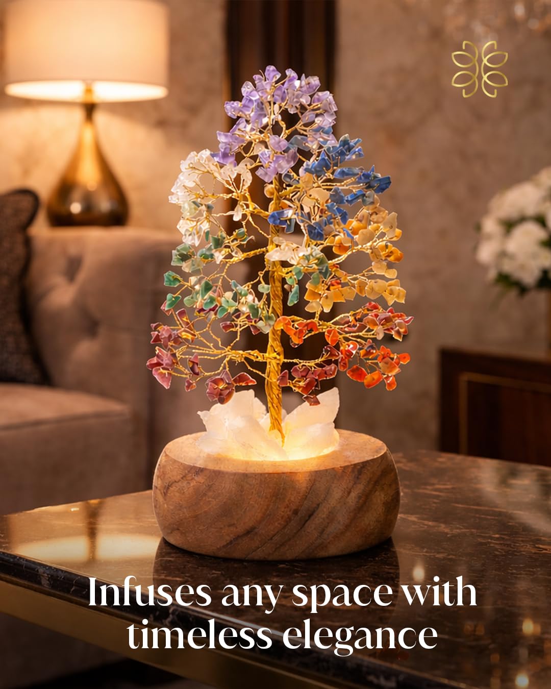 Zentiti 7 Chakra Crystal Tree of Life with LED Light, Handcrafted Gemstone Bonsai with Quartz Crystal Base & Acacia Wood Stand, Spiritual Home & Office Décor, Gift for Women,