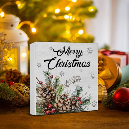 Farmhouse Christmas Decorations, Merry Christmas Decor Sign, Elk Trees Pine Cones Holly Berry Wood Sign Rustic Home Table Desk Decor (5 x 5 Inches)