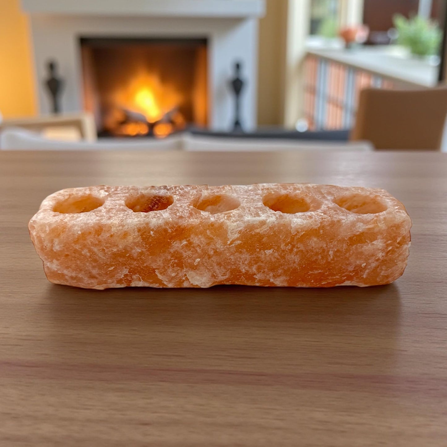 Himalayan Salt 5-Tealight Candle Holder, Natural Pink Crystal, 13 x 3 x 3 Inches, Hand Carved Votive Holder, 6-7 Pounds