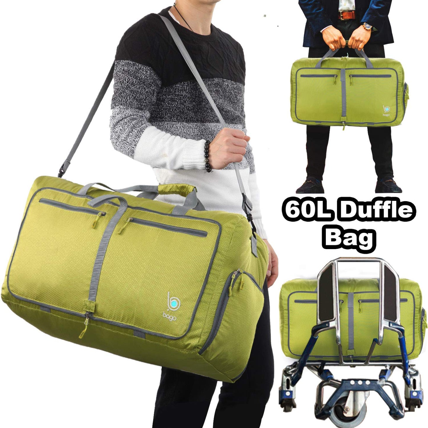 bago Holdall Bags for Men & Women - 60L Spacious Holdall Bag with Shoe Compartment - Save Time & Travel The World in Style & Convenience - Durable, Lightweight & Foldable Duffle Bag (Green)