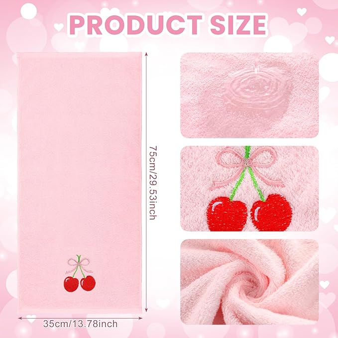 2 Pcs Cherry Hand Towels Light Pink Bathroom Decor 14x29 Inch Embroidered 100%
