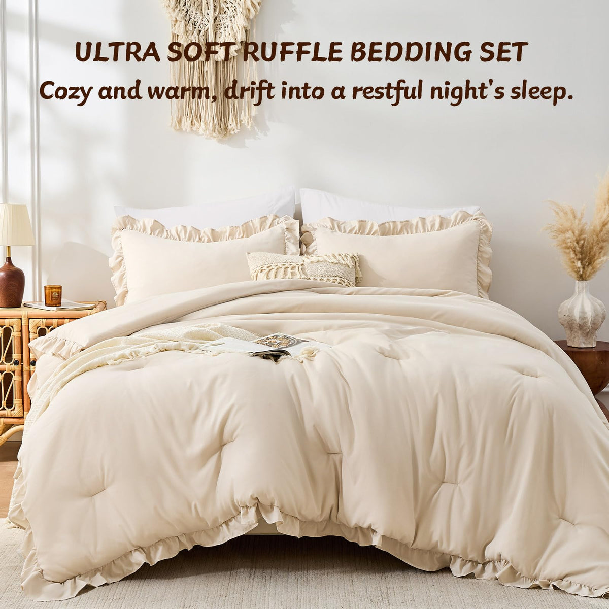 FUANNA Queen Comforter Set Oatmeal, 3 Pieces Ruffle Queen Bed Set, Fluffy Bed in a Bag Queen for All Seasons, Shabby Chic Bedding Comforter Sets with 1 Lightweight Comforter & 2 Pillowshams