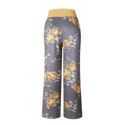 iChunhua Women's Comfy Stretch Floral Print Drawstring Palazzo Wide Leg Lounge Pants(XL,Yellow)