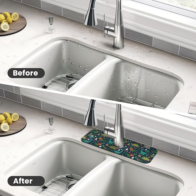 Christmas Dinosaur Tree Xmas Green Kitchen Sink Splash Guard Faucet Mat 1 Pcs