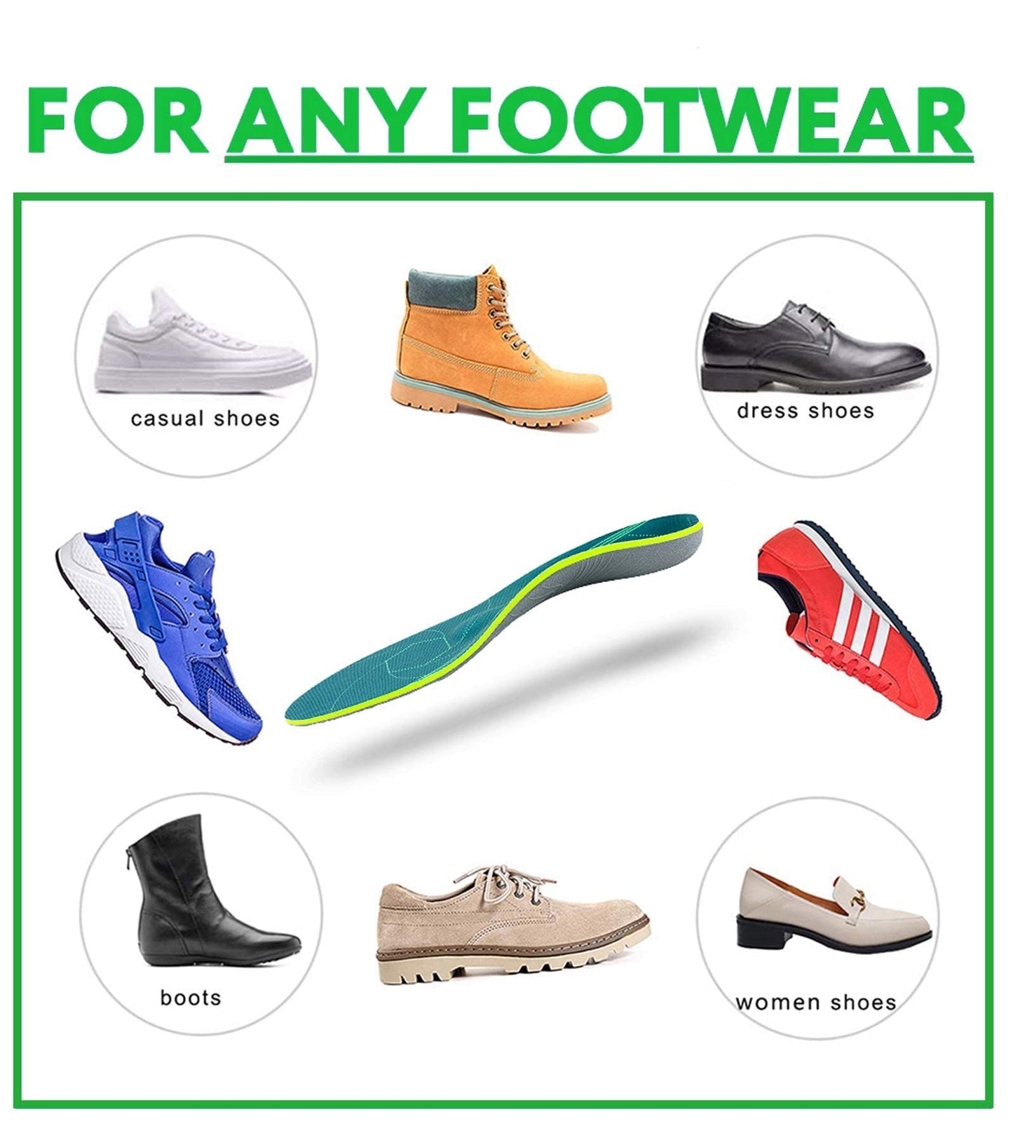 Plantar Fasciitis Arch Support Orthopedic Insoles Relieve Flat Feet Heel Pain Shock Absorption Comfortable Inserts(Size:UK-6,Length:9.87",Green)