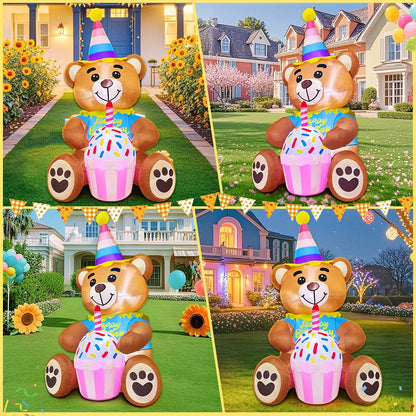 5FT Inflatable Bear with Birthday Cake Blow up Outdoor Yard Decorations, Built-in LED Lights for Holiday Party Garden Lawn Indoor Home Celebration