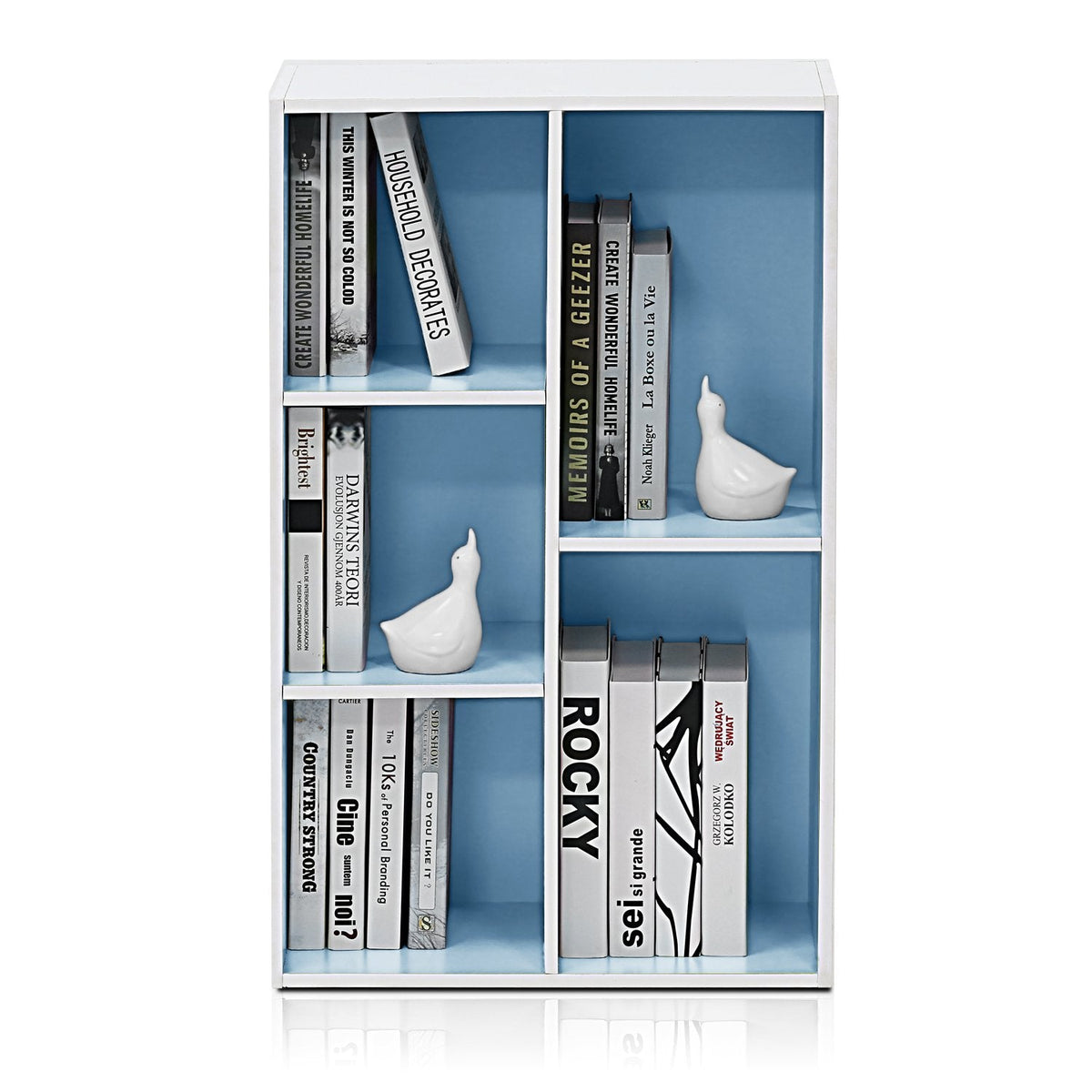 Furinno LUDER Book Shelf, 5-Cube Bookshelf, Reversible Bookcase, 9.4 x 19.5 x 31.5, Easy Assembly, for Living Room, Bedroom, Home Office, White/Light Blue