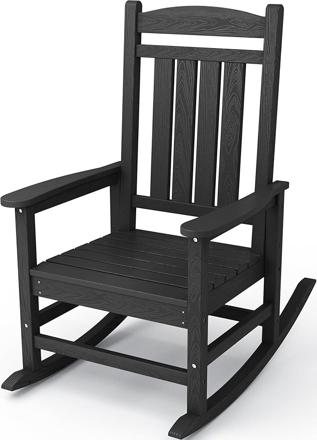 KINGYES Outdoor Rocking Chairs, HDPE All-Weather Patio Rocking Chairs High Back Porch Rocker for Adult, Black