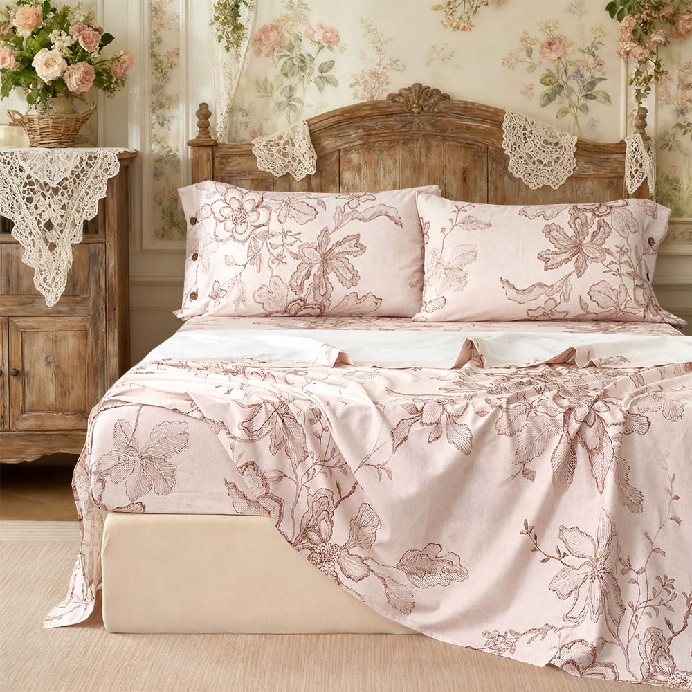 Zusbest Queen Sheet Set Pink Floral Sheet Set 400TC 100% Double Brushed Cotton Flannel-Like Warm Luxury Bed Sheets 4Pcs, Button Closure Extra Soft Breathable Vintage Toile Printed Deep Pocket 17‘’