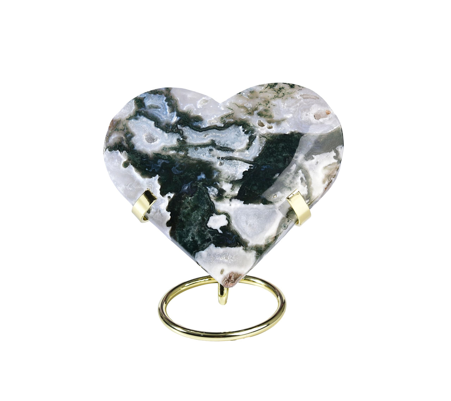 AMOYSTONE Large Heart Shaped Rock Stone Moss Agate Heart Rock Collection Mineral Specimen Home Office Decor, 4.5-5"/pc with Golden Alloy Bracket