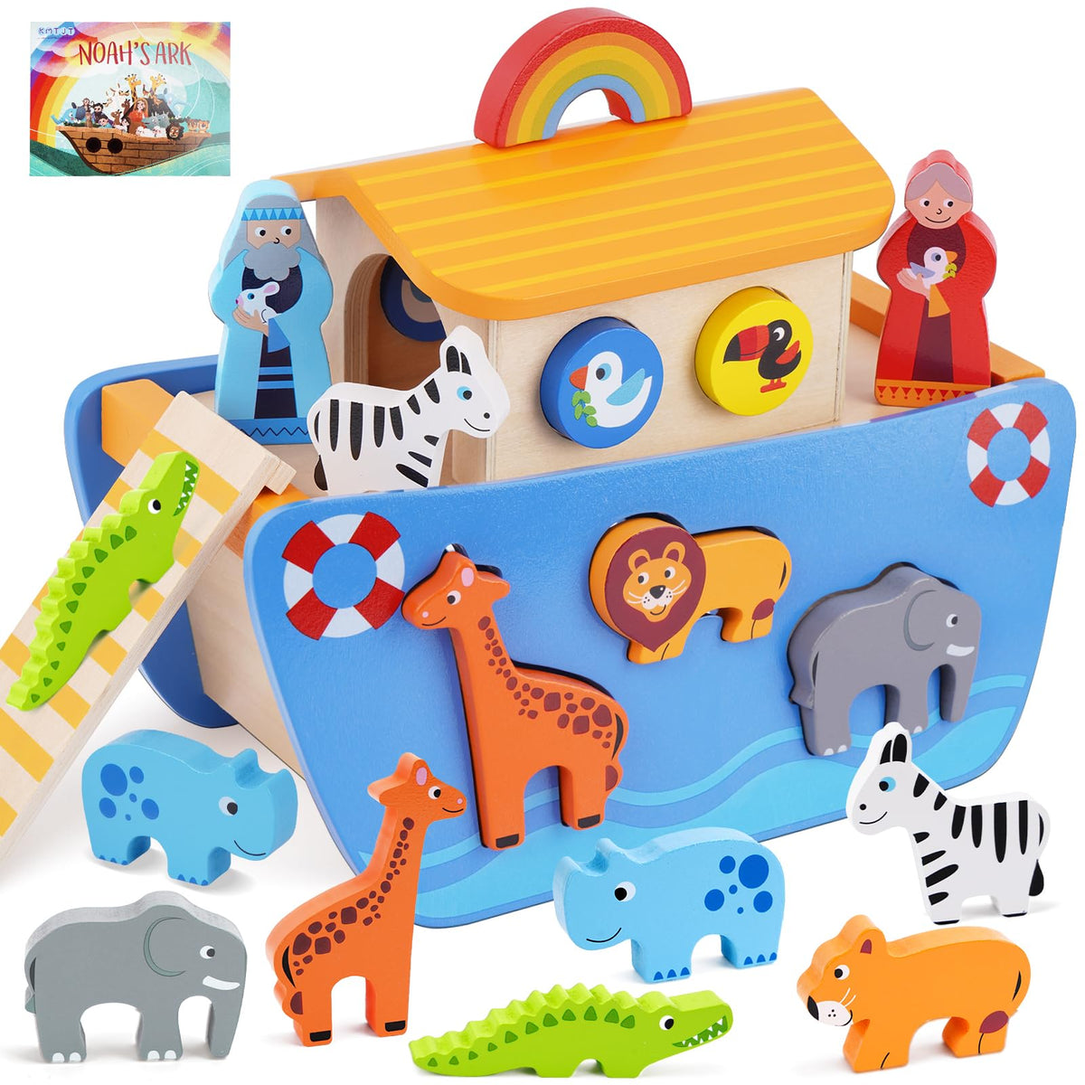 KMTJT Toddlers Wooden Noah's Ark Toy Animal Playset, Baptism Gifts for 1 2 3 Boys Girls, Shape Sorter Early Learning Montessori Toys with Bible Story Book for 12 18 24 Months Babies