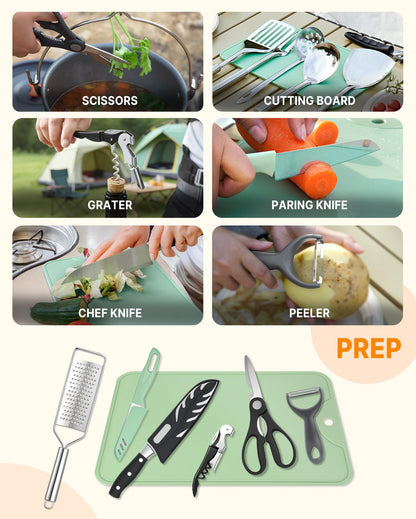 GAIALOOP Portable Camping Cooking Utensils Set 28PCS, Camp Kitchen Set with Plates and Camping Cutlery Set, RV Essentials Cooking Equipment, Outdoor BBQ Cooking Utensil Kit with Organizer Bag