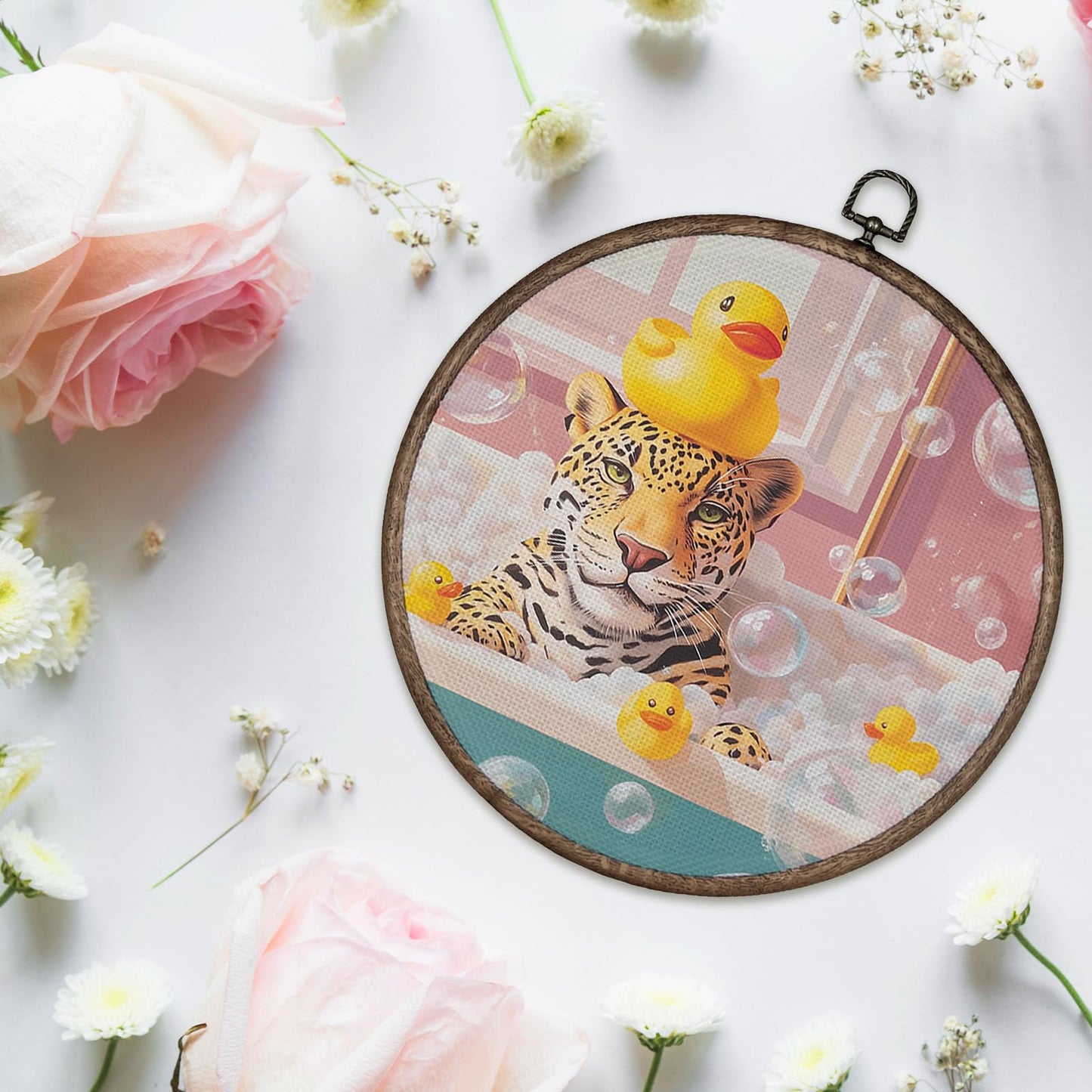Giosve Funny Leopard Bathroom Round Wall Art Canvas Framed Poster, Retro Trendy Whimsical Cheetah in Bathtub Hanging Wall Sculptures for Bathroom Washroom Restroom Decor, 10x10 Inch YH546-YGH01