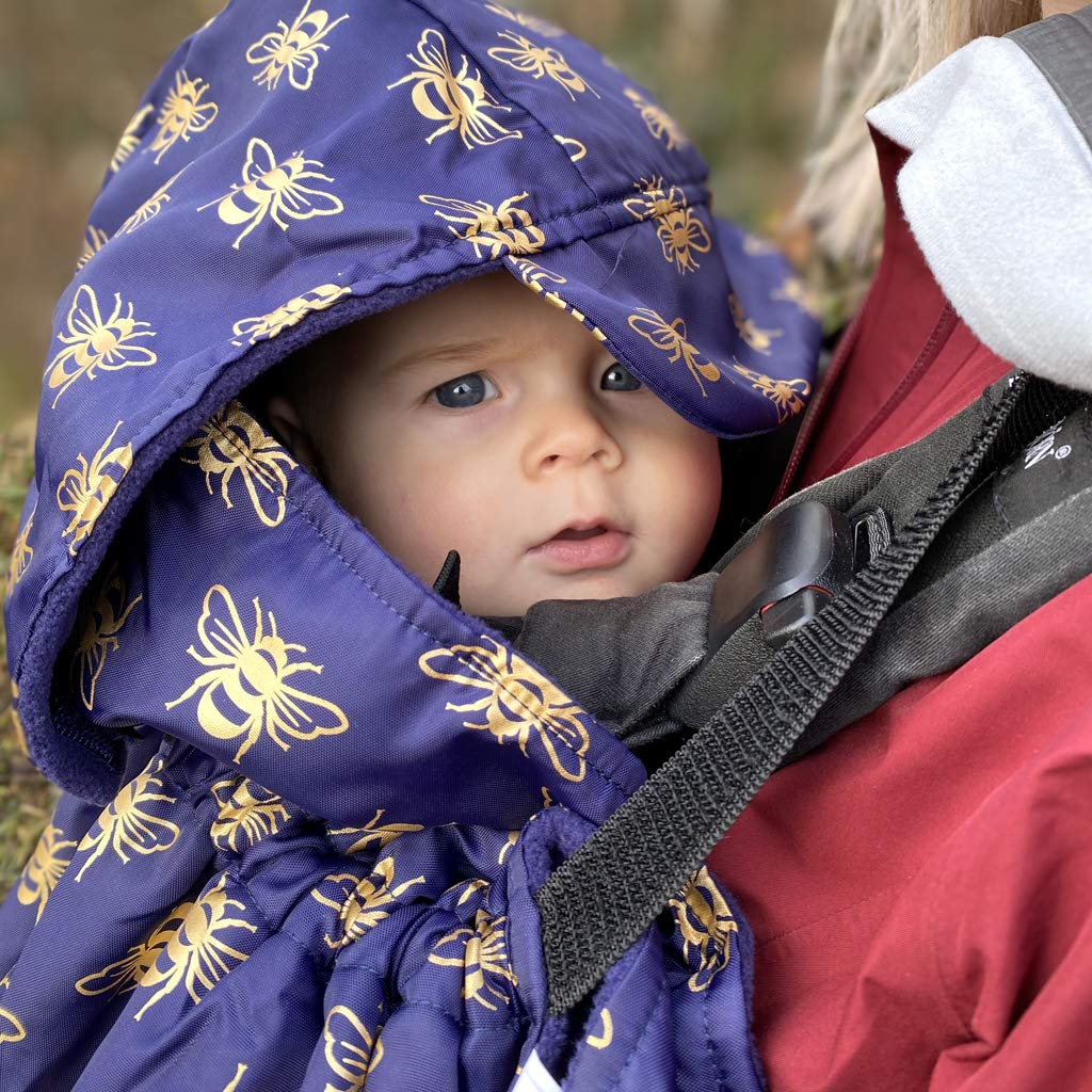 BundleBean - Babywearing All-Weather Waterproof Sling and Baby Carrier Cover (Gold Bees) - Rain Cover with Fleece Lining, Universal Fit, Fits Front & Back Carriers, Protection from Rain & Wind