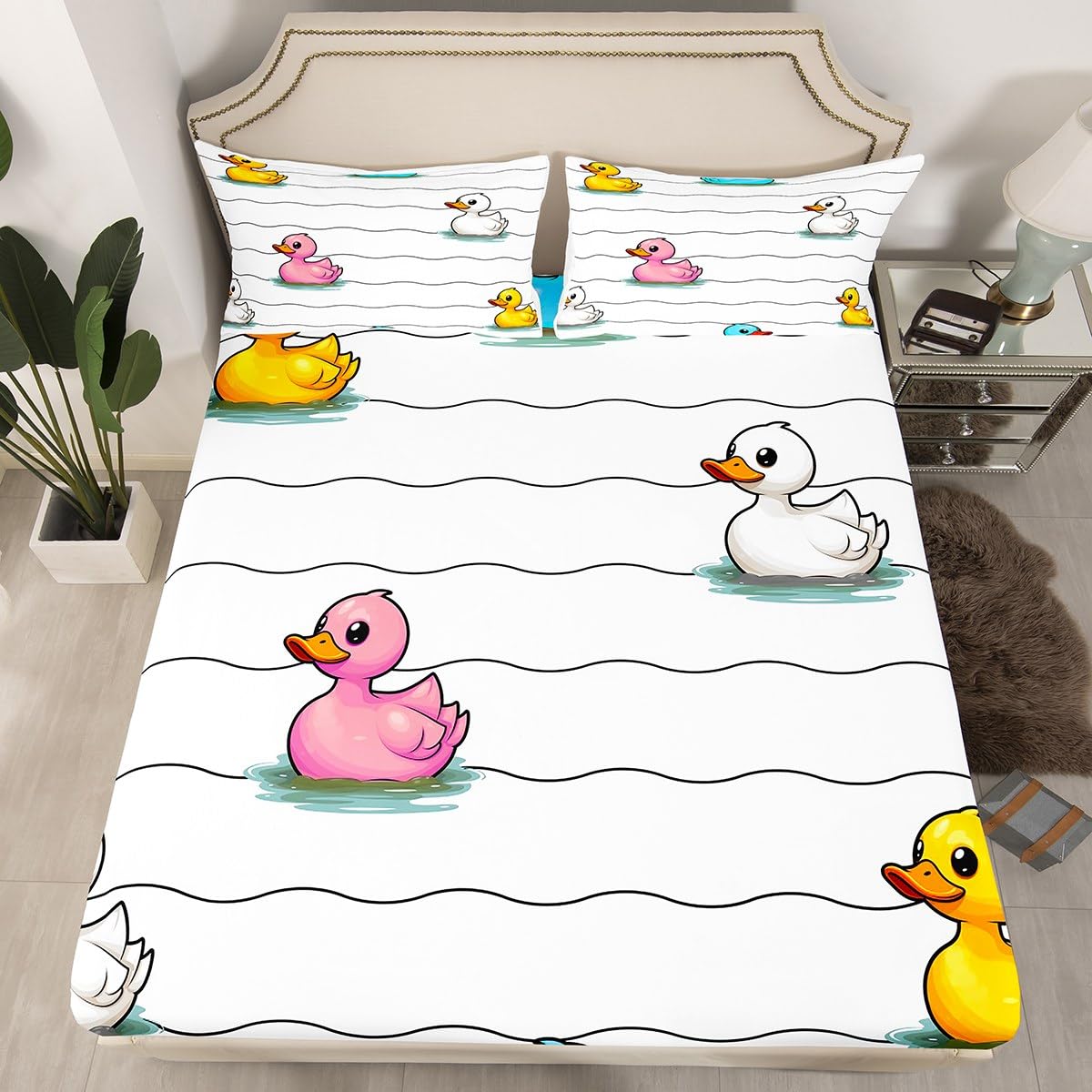 Erosebridal Cartoon Duck Sheet Set for Kids Boys Girls,Colorful Duck Bed Sheets Full,Cute Hand Drawn Duck Wave Lines Bedding Set,Lovely Farmhouse Animal Fitted Sheet + Top Sheet + 2 Pillowcases