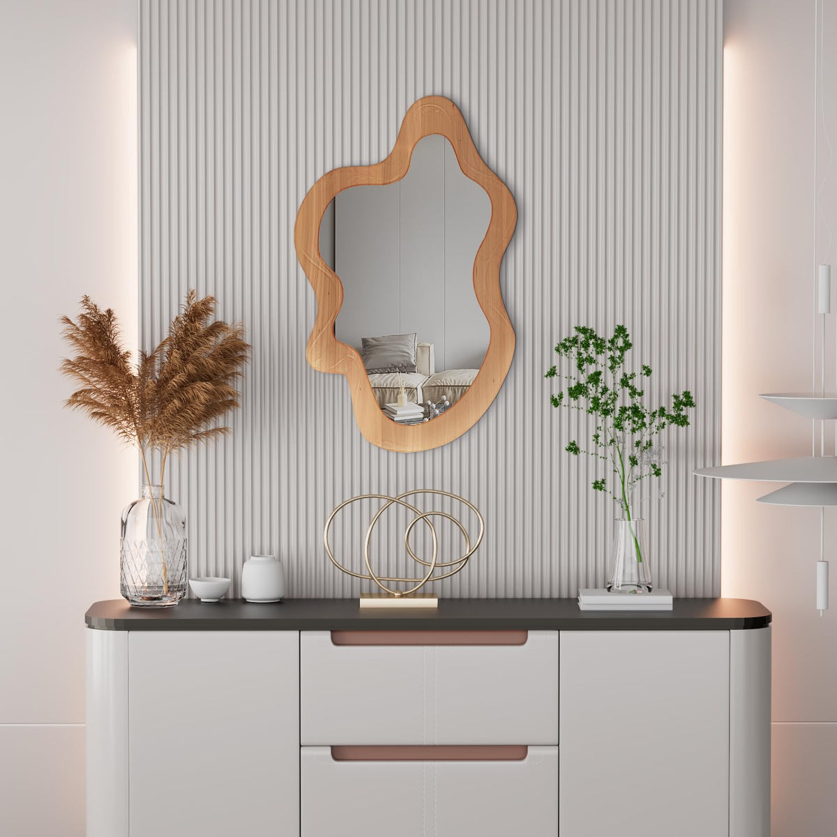 osemy 36" x 24" Irregular Wall Mirror, Wooden Framed Asymmetrical Wavy Wall Mirror for Living Room Bedroom Entryway Bathroom Modern Decorative, Hanging Hooks