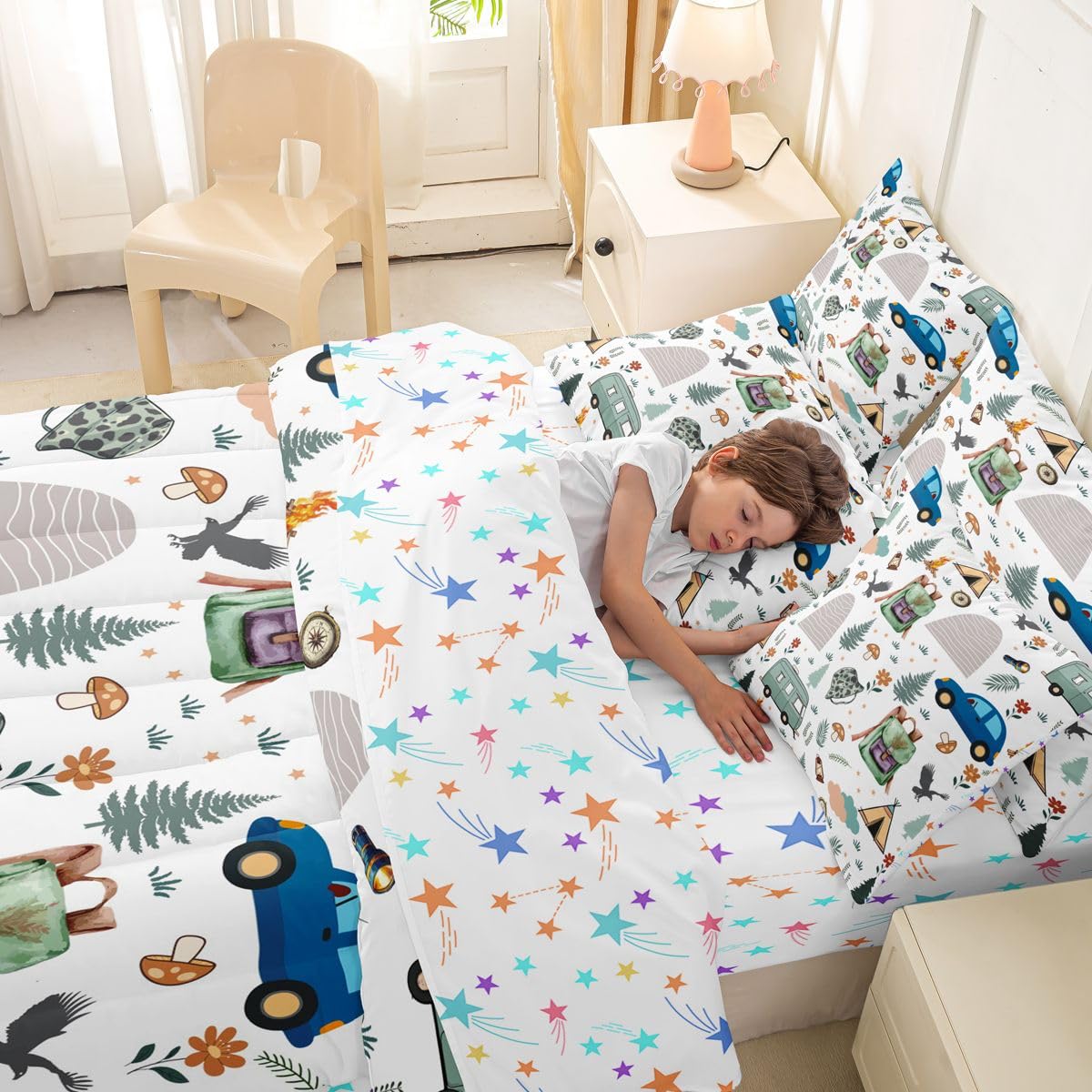 Feelyou Camper Theme Comforter Set With Sheets 7 Piece Twin Size Happy Camping Bedding Set for Kids Boys Girls Car Rv Accessories Bed in a Bag Mountain Adventure Room Decor Soft Lightweight Microfiber
