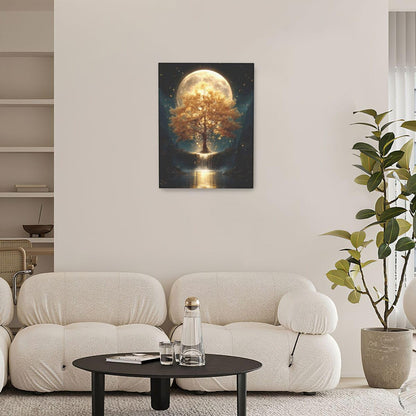Golden Tree Wall Art Fantasy Tree with Moon and Waterfall Canvas Wall Decor Pictures Paintings Prints Mystical Nature Artwork Framed De corations For Meditation Space Bathroom Bedroom Living Room Office Gifts 12" x 16"