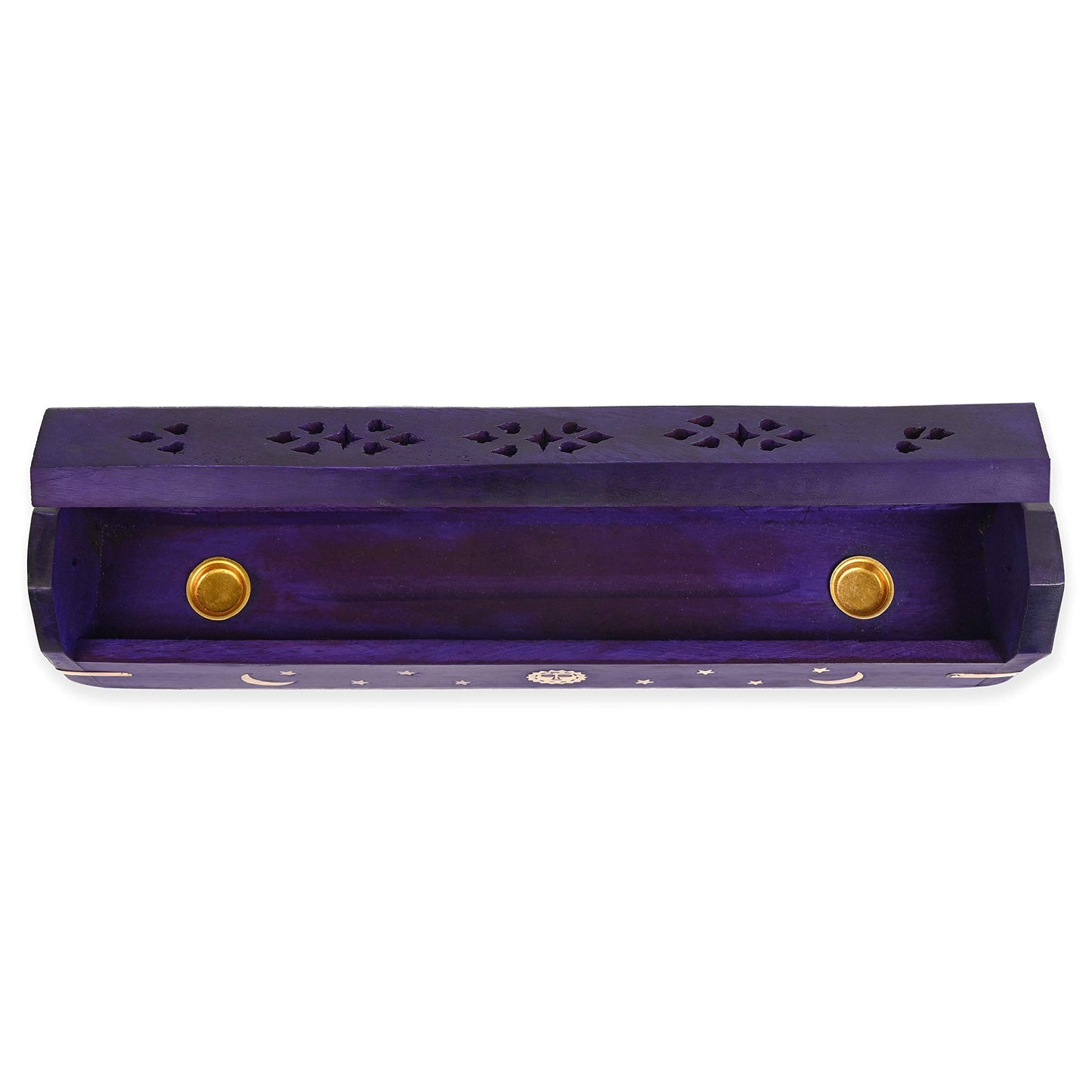 Incense Garden Pack of 2 Incense Stick Holder - Coffin Style - Wood Incense Stick Burner with Sun Moon Star Inlays Handmade with Brass Inlays (Purple)