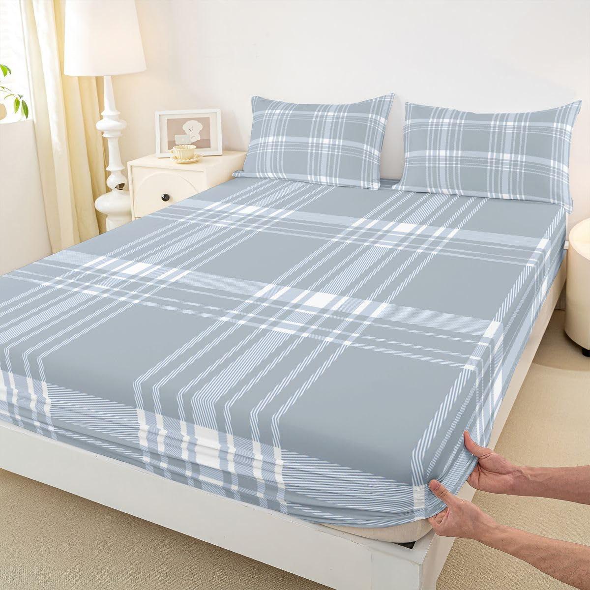 jejeloiu Classic Plaid Fitted Sheet with 1 Pillowcase Twin Size Gray Checkerboard Bed Sheets Set 16" Deep Pocket Boys Girls Farmhouse Bedding Aesthetic Grid Teens Bedroom Decor Breathable