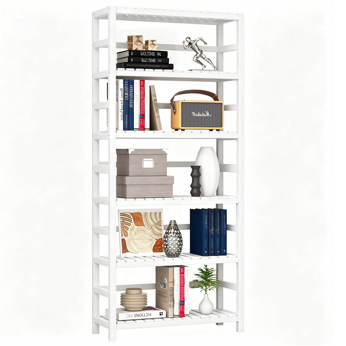 VASMIA 6-Tier Bamboo Shelf,Bamboo Storage Shelving Unit,Tall Bookcase with Adjustable Shelves,Multipurpose Storage Display Shelf for Bathroom, Living Room, Balcony, Kitchen,White