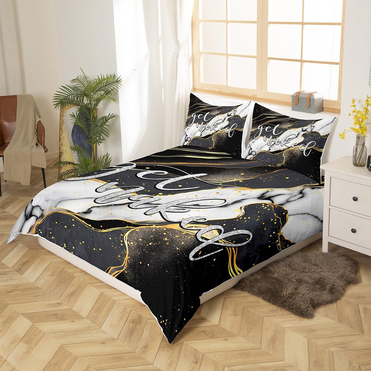 Get Naked Bedding Duvet Cover Set Kids Marble Bedding Set Grey Black White Gold Comforter Cover Set for Boys Girls Women Men Bedroom Decor Funny Quote Modern Bed Set King Size 3Pcs (No Comforter)