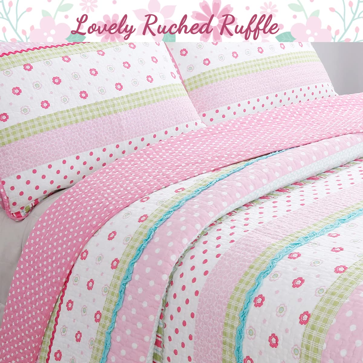 Cozy Line Home Fashions Soft Bright Greta Pastel Design Girl 100% Cotton Reversible Quilt Bedding Set, Coverlet, Bedspread (Queen - 3 Piece)