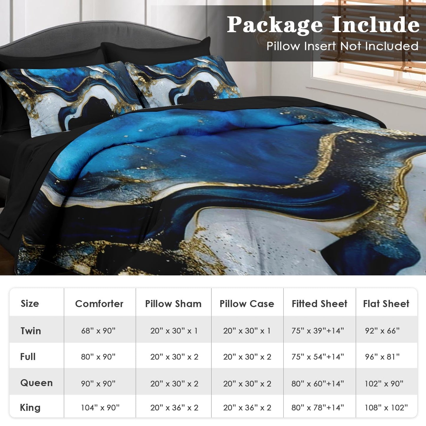 Pamnest Comforter Set Twin Size, Deep Blue Marble 5 Pcs Bedding Set for Kids and Adults, Gold Stone Bed Sheet Sets with Fitted Sheet Pillowcase & Sham for Bedroom Bed Decor