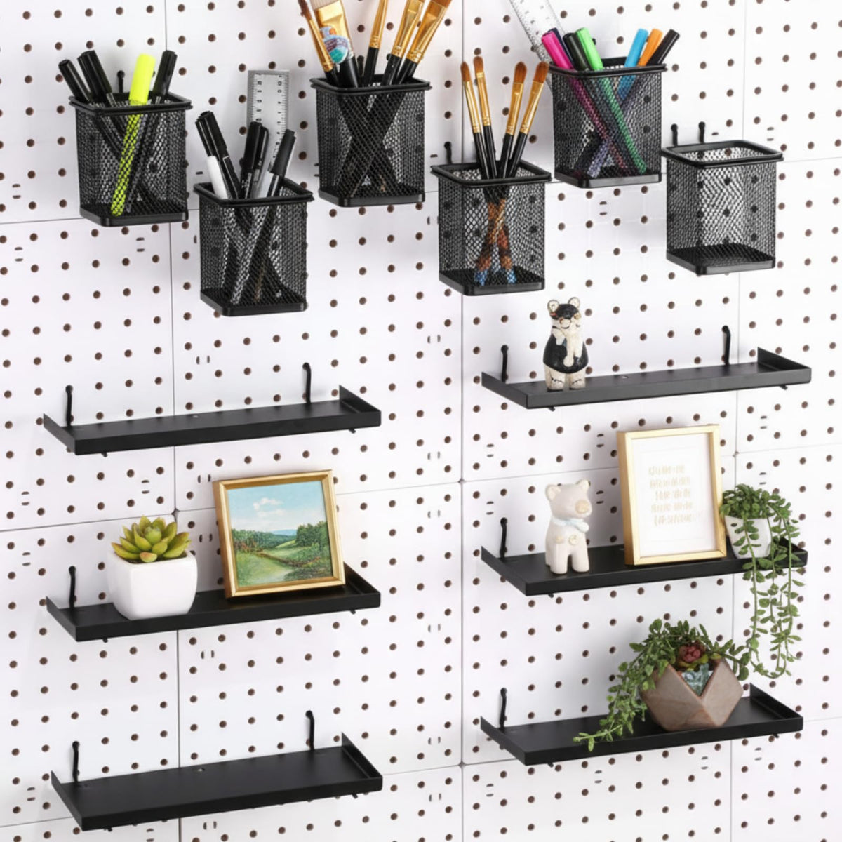 Tosstuki 12 Pack Pegboard Organizer Accessories - 6 Pegboard Pencil Cups Holder Peg Board - 6 Shelves Metal Shelf Brackets - Tools Storage Arrange System Kit for Office Garage Room