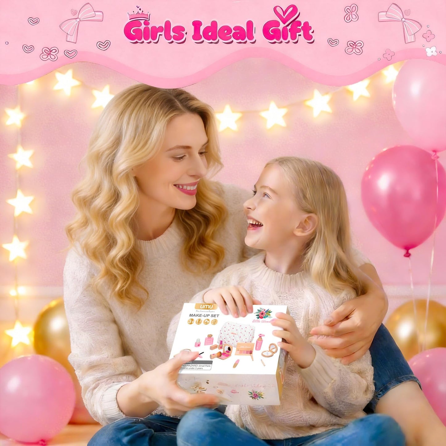 Treasdamic Wooden Makeup Toy Set for Girls - Pretend Play Makeup Kit for Toddlers 3-5 with Eyeshadow/ Mascara/ Perfume/ Blush/ Mirror/ Bag, Birthday Gifts for Girls Toys Kids Aged 3 4 5 6 7 8