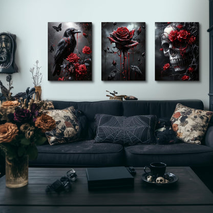 Hianan Horror Gothic Canvas Wall Art, Romance Raven Rose Halloween Wall Decor, Bloodthirst Goth Crow Rose Poster Prints, Dark Goth Skull Aesthetic Pictures for Bathroom Living Room Framed 12"x16"x3