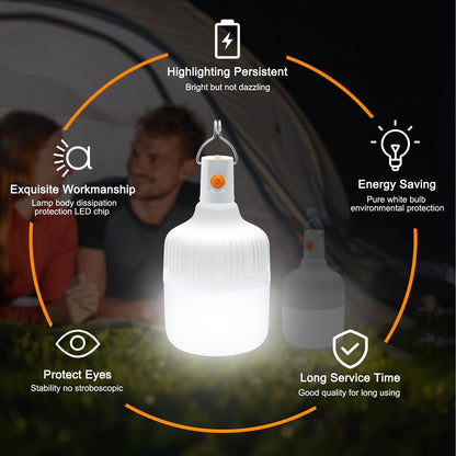 Ledeak 2 Pcs Camping Light, LED USB Rechargeable Camping Lantern Battery Powered Outdoor Tent Lamp with Hanging Hook, Dimmable 3 Modes Portable Light Bulb for Emergency Camping Patio Garden Gazebo