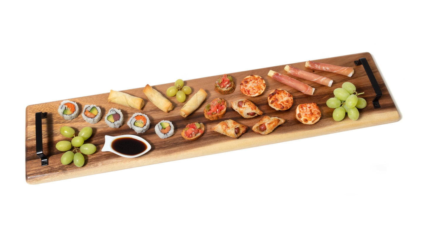 Lipper International 2031 Acacia Wood Serve Board with Black Handles for Cheese, Crackers, and Charcuterie, Rectangular 30" x 7" x 1"