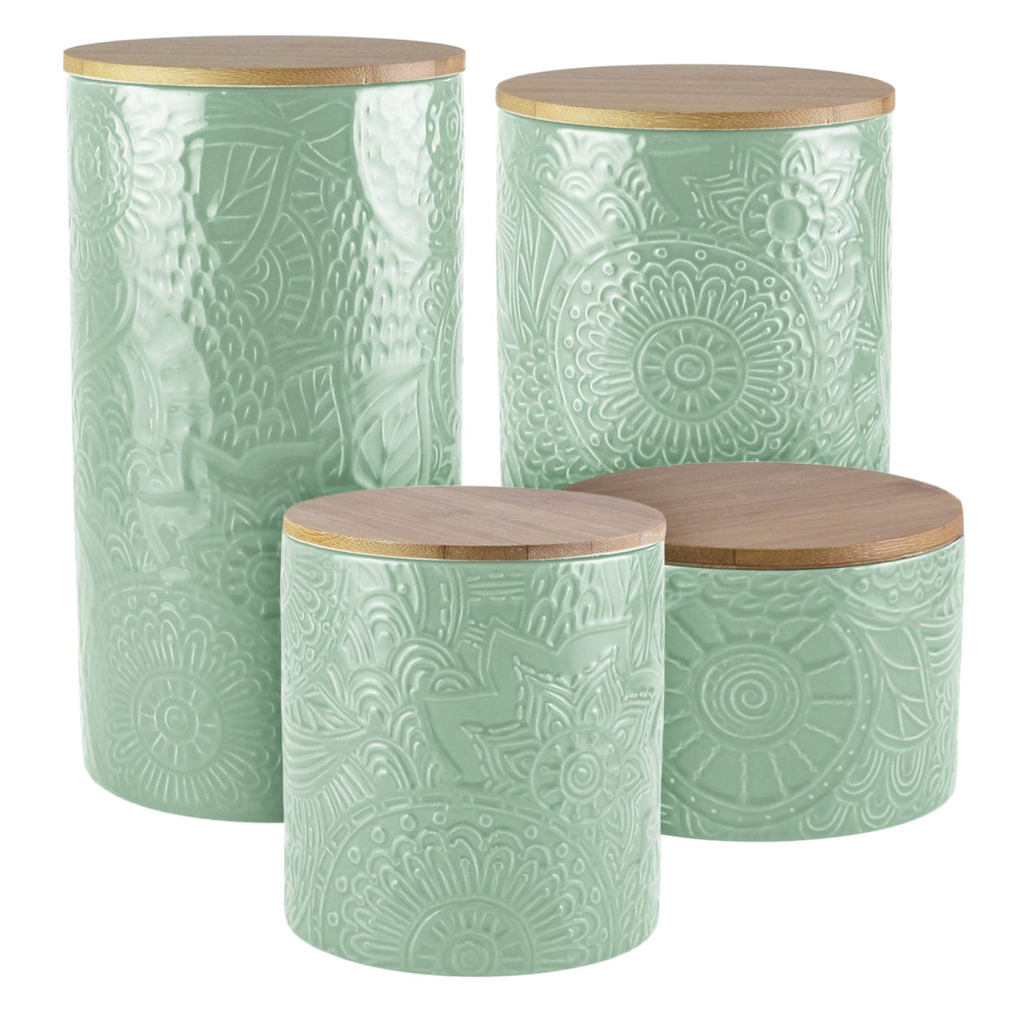 American Atelier 1182486-RB Embossed Canister 4-Piece Ceramic Set Jar Container with Wooden Lids for Cookies, Candy, Coffee, Flour, Sugar, Rice, Pasta, Cereal & More Sage