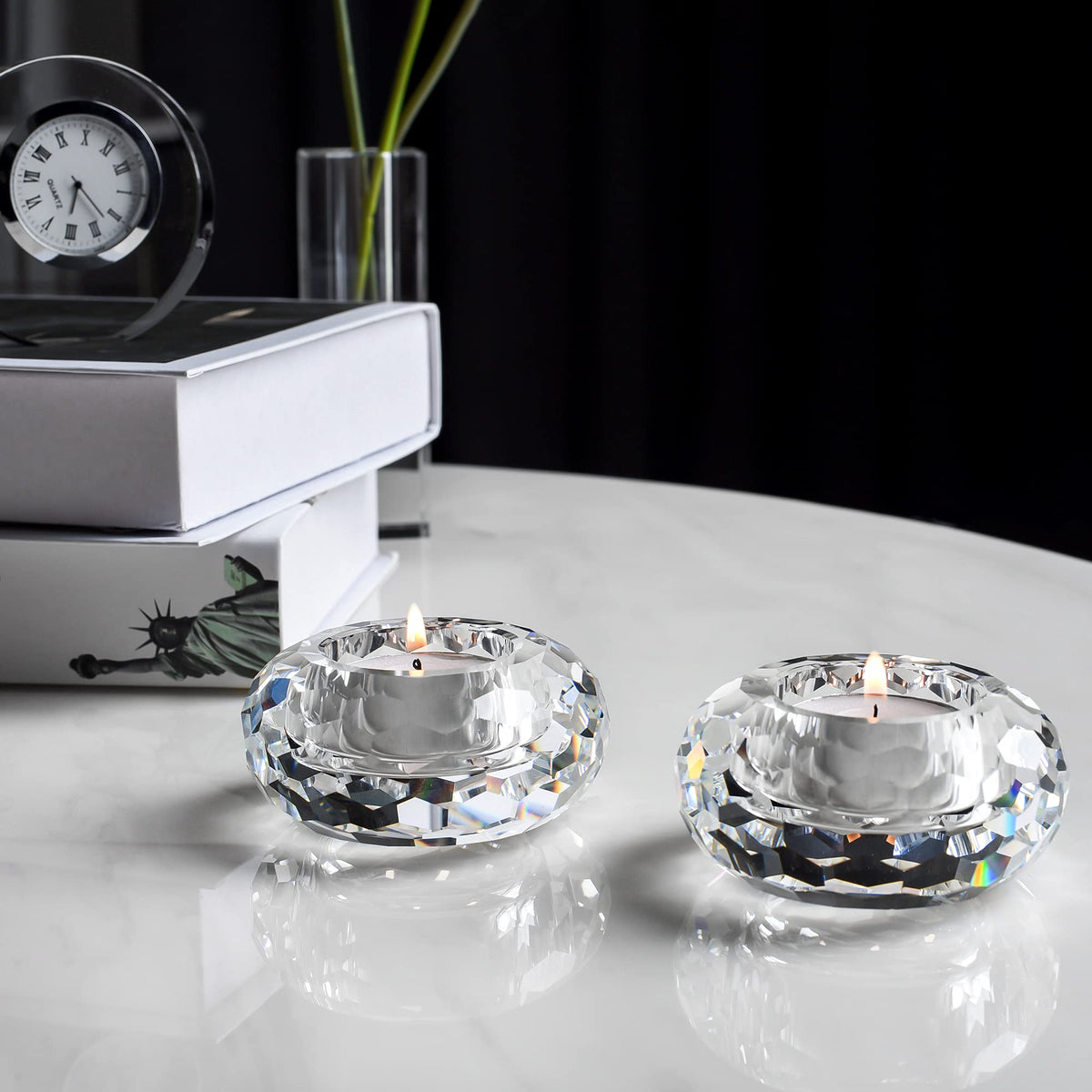 Kitcom Crystal Tealight Candle Holders Pack of 2, Hand-Cut Candle Holder Home Decor for Wedding Banquet Dinner 3.2" Diameter x 1.6" High, Clear