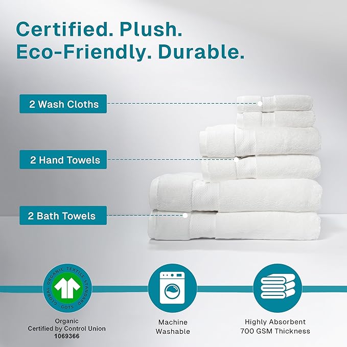 100% Organic Cotton Bath Towel Set | Bathroom Luxury Towel Set of 6 | GOTS