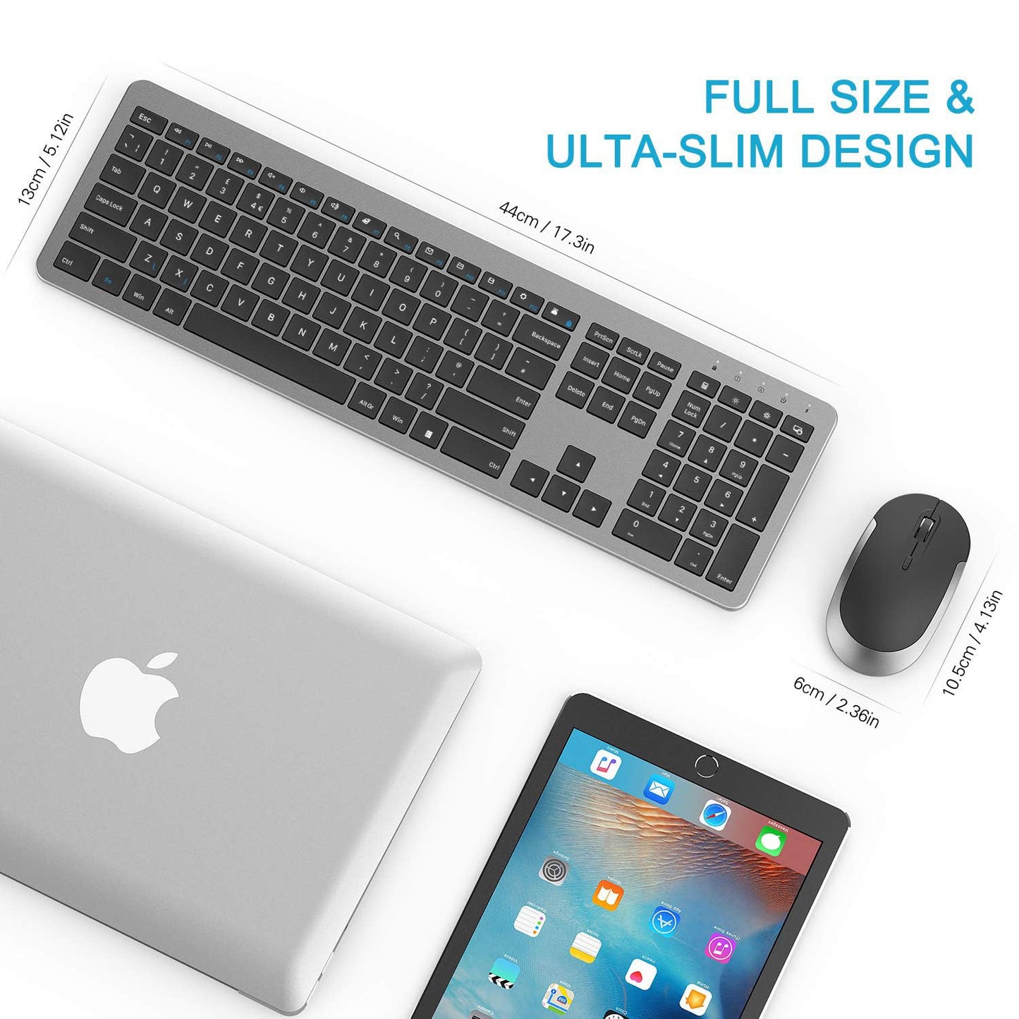 seenda Rechargeable Wireless Keyboard and Mouse, SK38-3 Ultra Slim Quiet USB Keyboard and Mouse Set for Windows Laptop PC, Full-Size QWERTY UK Layout, Black and Grey