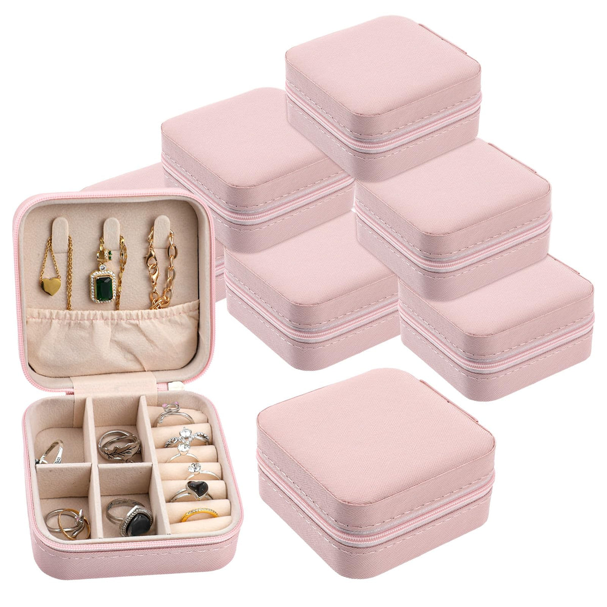 HOFURME 6 Pack Pink Travel Jewelry Case Bridesmaid Gifts Box, Small Jewelry Box Mini Jewelry Organizer, PU Leather Portable Earring Storage Box for Women Girls Bridesmaid Proposal Gifts