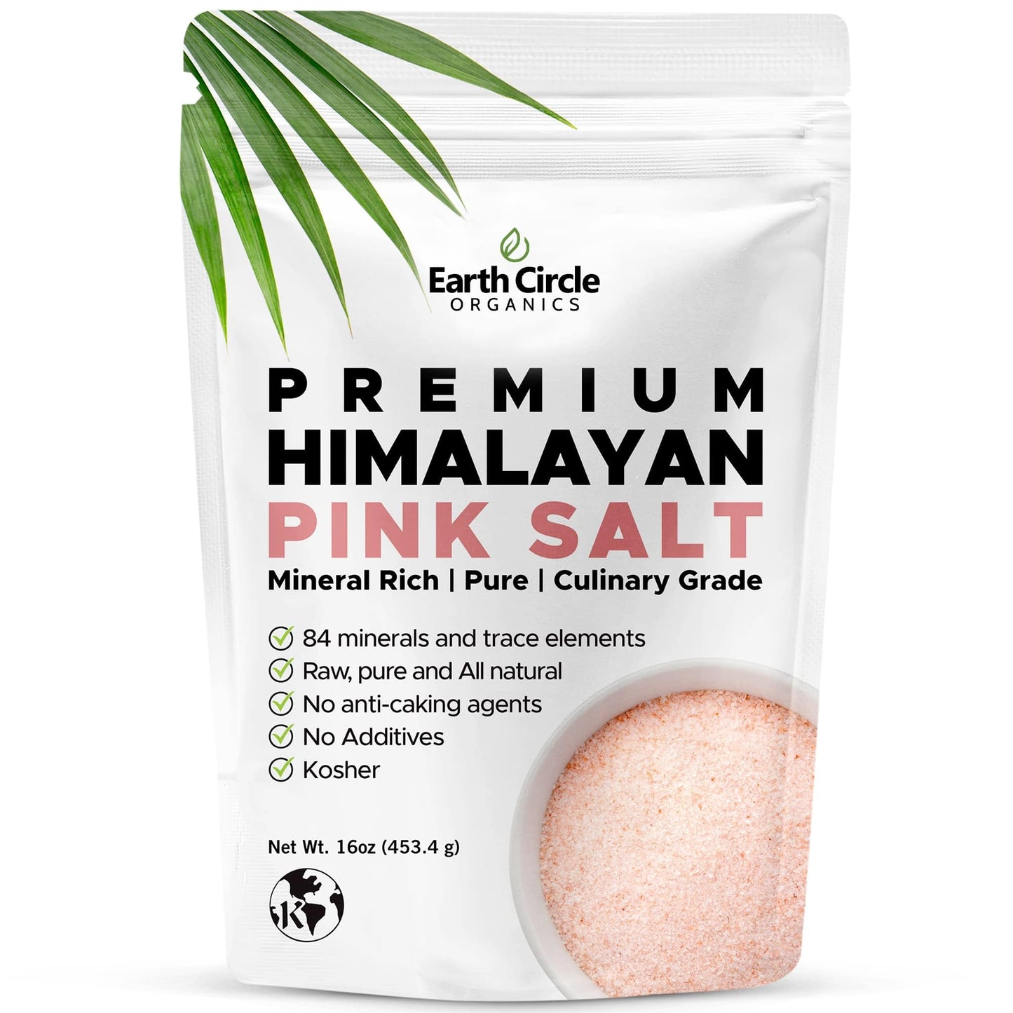 Earth Circle Organics Premium Himalayan Unrefined Pink Fine Grain Salt, No Anti-Caking Agents, Pure Culinary Grade - Kosher, Nutrient and Mineral Dense, 1 pound
