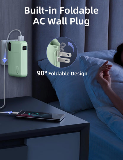 RORRY Portable Charger Built in Cables, AC Wall Plug In Portable Charger Power Bank 10000mAh Travel Battery Pack 22.5W Fast Charging for iPhone 17/16/15 Samsung Galaxy S25/S24/S23 Pixel LG iPad, Green
