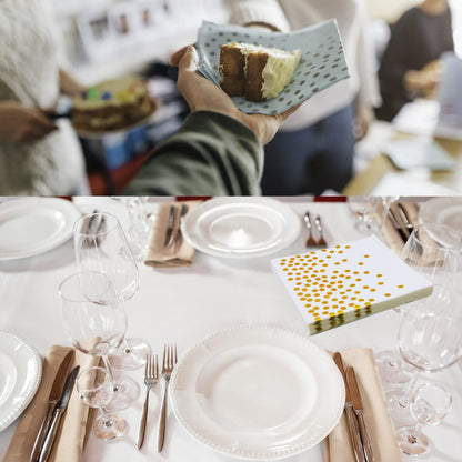 CEILIWEN 50PCS White & Gold Polka Dot Party Napkins, 33x33CM White with Gold Cocktail & Dinner Serviettes