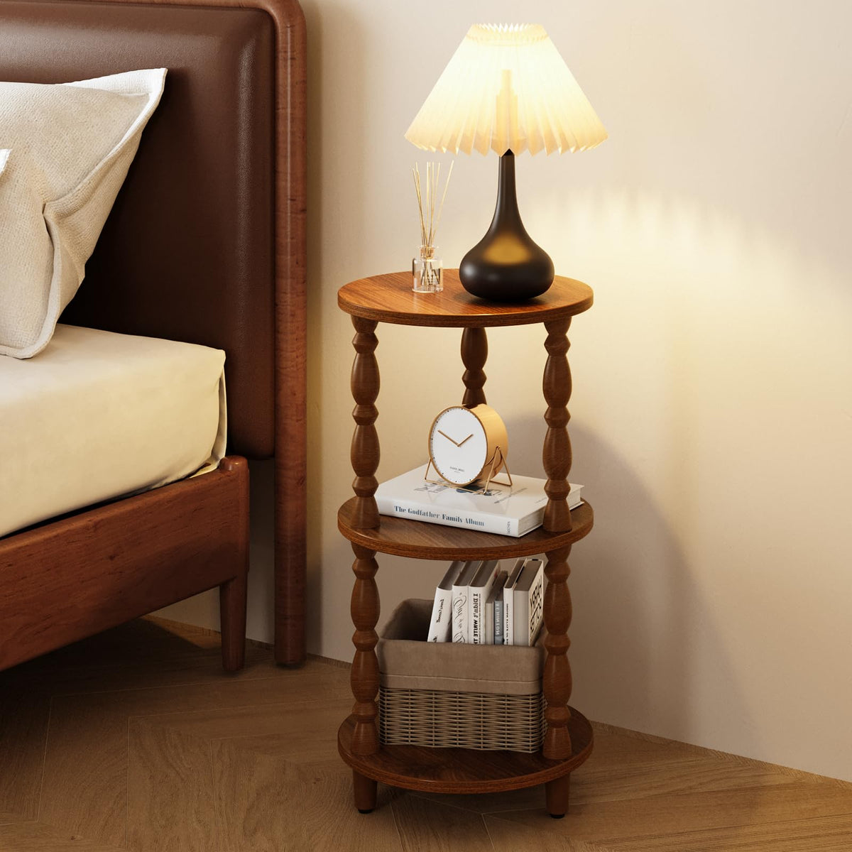 Yoobure Small Round Side Table - 3-Tier End Table with Storage Shelf, Narrow Bedside Table Nightstand for Bedroom, Accent End Tables Living Room, Wood Side Tables for Small Spaces, Office, Walnut
