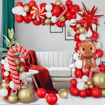 Christmas Balloon Garland Arch Kit Xmas Holiday Balloons with Red White Golden Balloon Candy Foil Balloon Candy Cane Balloon Red Starburst Balloons for Christmas Party Decorations