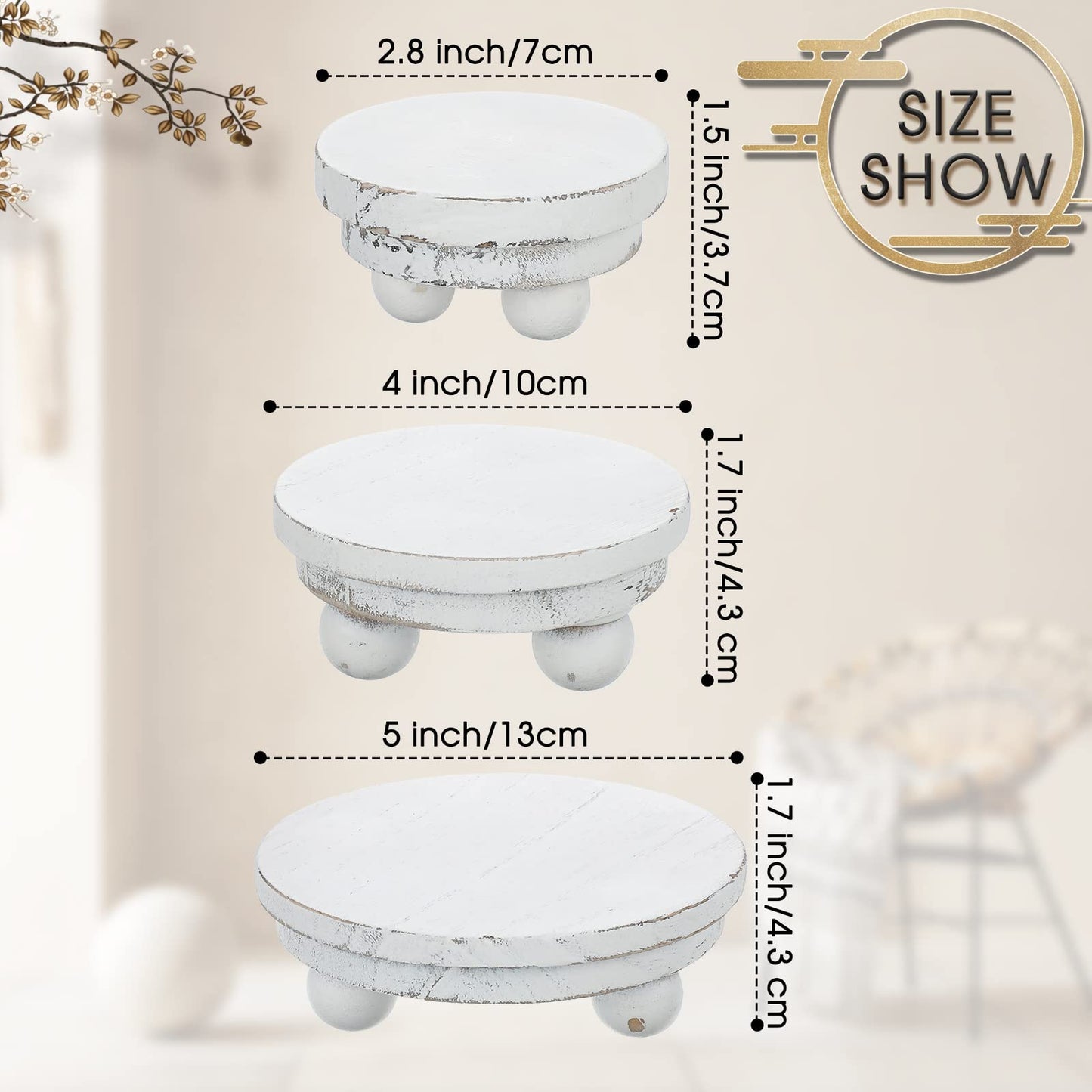 Amyhill 3 Pcs 5/4/3 Inch Mini Wooden Risers for Decor Small Round Pedestal Stand, Washed White Farmhouse Wood Riser with Ball Feet for Tiered Tray, Candles, Plants, Home Kitchen Decor